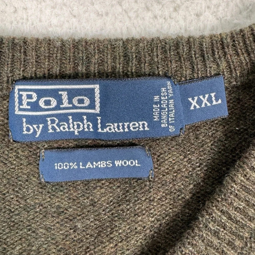 Polo Ralph Lauren Lambs Wool V-Neck Sweater Men's XXL Green Gold Pony
